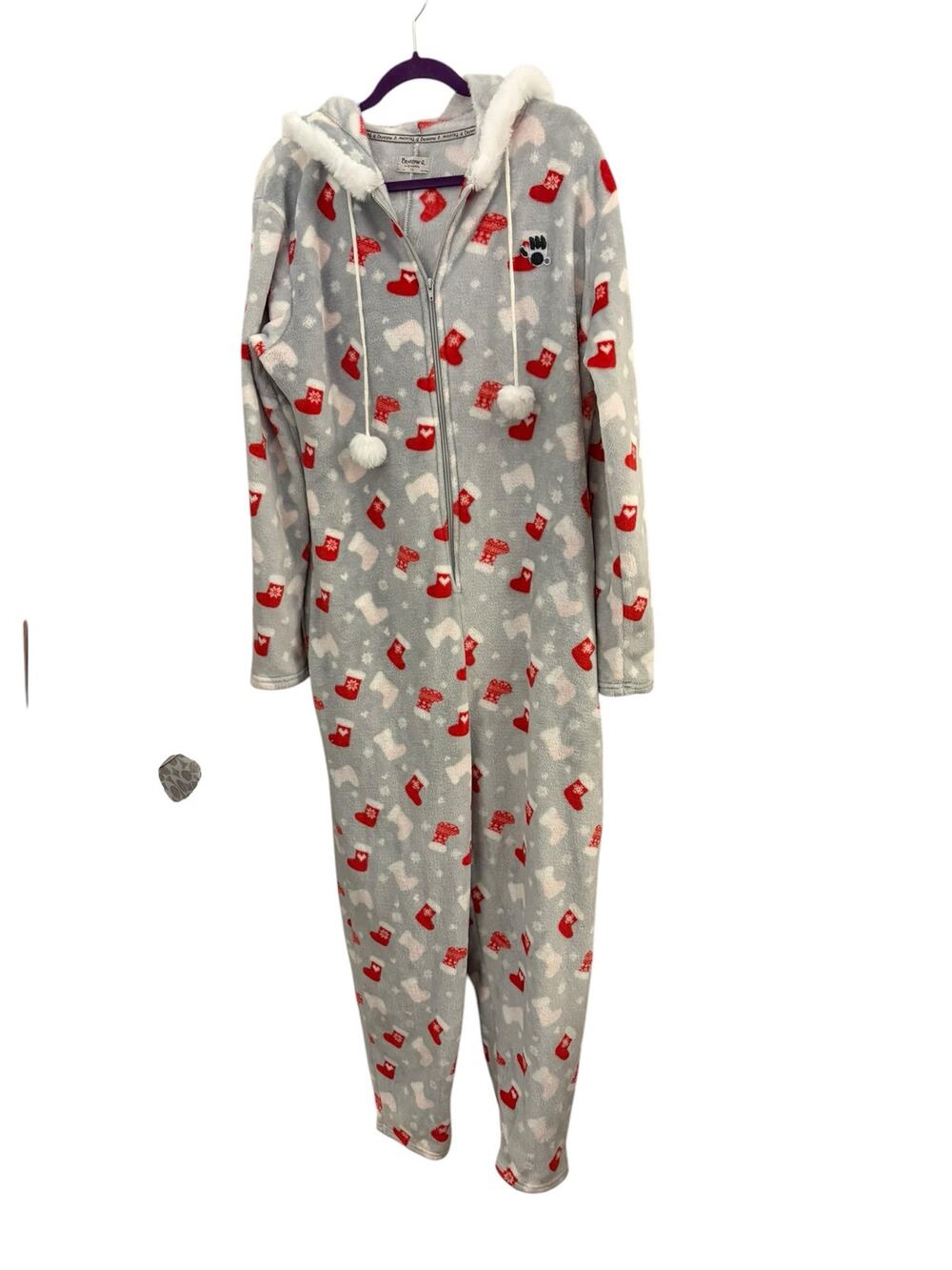 Bear Paw One Piece Pajamas Jammies Christmas Holiday Zip up Pom Pom Tie 1X Hood